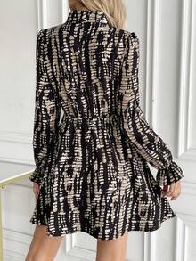 Allover Print Long Sleeve Pleated Shirt Collar Dress, Casual & Holiday Style