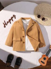 SHEIN Leap Crew Baby Boy Casual Button Decorated, Lapel & Flap Collared Woolen Coat With Front Pockets,In Fall/Winter - Khaki - View 4
