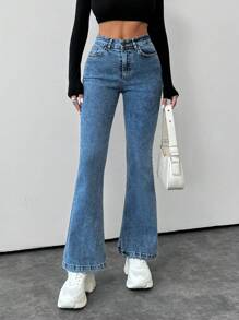 EURMUSE Casual Solid Color Slim Fit Flare Jeans - Dark Wash - View 1