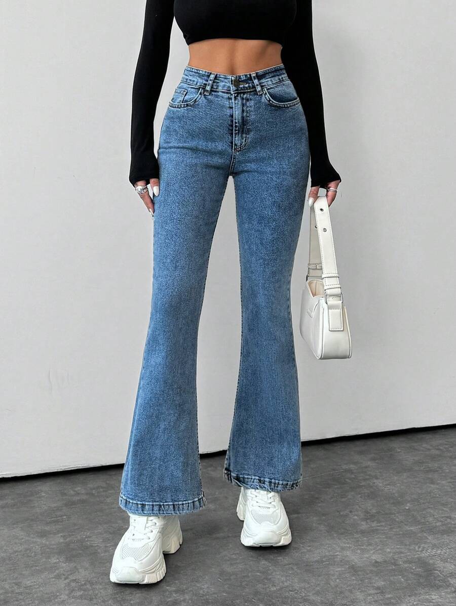 EURMUSE Casual Solid Color Slim Fit Flare Jeans - Dark Wash - View 1