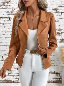 SHEIN Clasi 女士優雅的襯衫領束腰麂皮夾克 - 棕色 - 查看 4