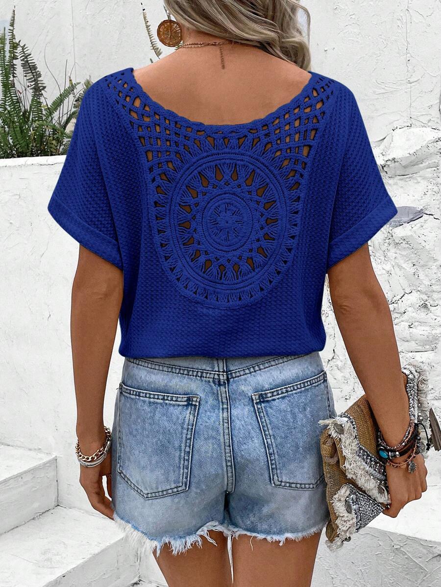 SHEIN VCAY Women's Summer Solid Color Hollow Out V-Neck Batwing Sleeve Casual T-Shirt - Blue - View 1