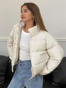 DAZY 女士休闲纯色短夹克，冬季，冬季女装，冬季女装 - 杏色 - 查看 4