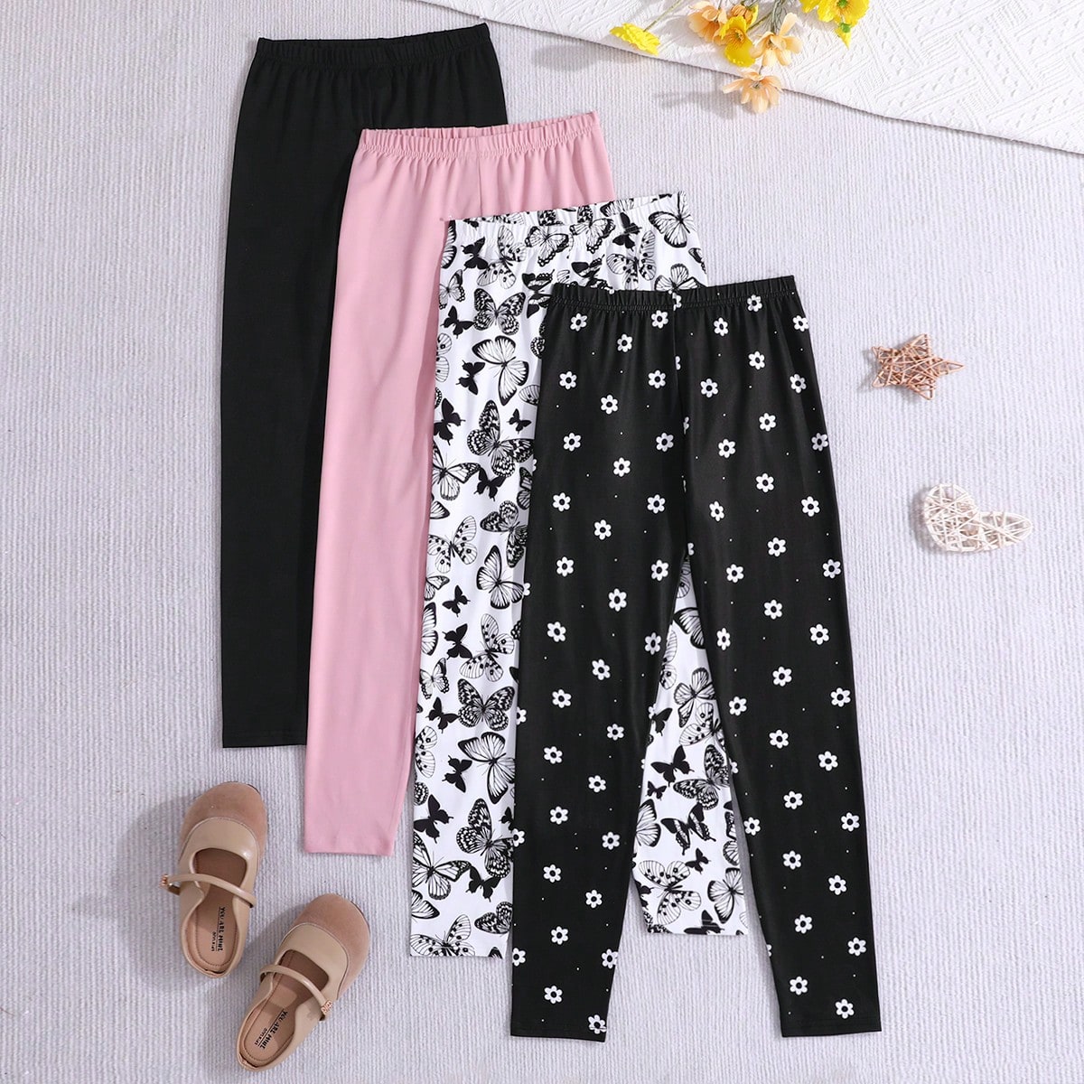 Set de 4 piezas de leggings tejidos de unicolor y leggings con patrón de mariposa tejidos para niñas preadolescentes, informales