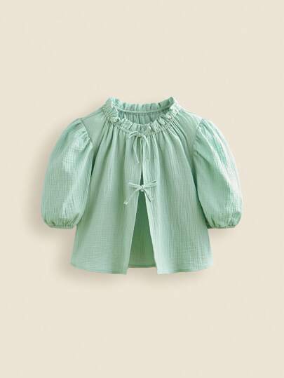 THE HAPPY LOOK Bowknot Ruffle Collar Puff Sleeve Green Chiffon Casual Vacation Shirt For Teen Girls, Spring Summer Back To School Season