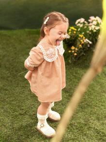 SHEIN Baby Girls' Peter Pan Collar Dress - Brown - View 3