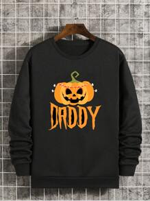 Men's Simple Printed Round Neck Long Sleeve Sweatshirt, For Halloween - Black - View 3
