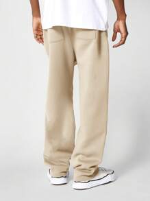 SUMWON 宽松运动裤运动慢跑阔腿街头服饰，带有浮雕标志设计，休闲家居服，适合运动跑步锻炼 - 卡其色 - 查看 3