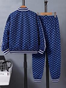 SHEIN Tween Boy 1pc Allover Print Contrast Tape Jacket & 1pc Pants Chic Outfits For Autumn/Winter