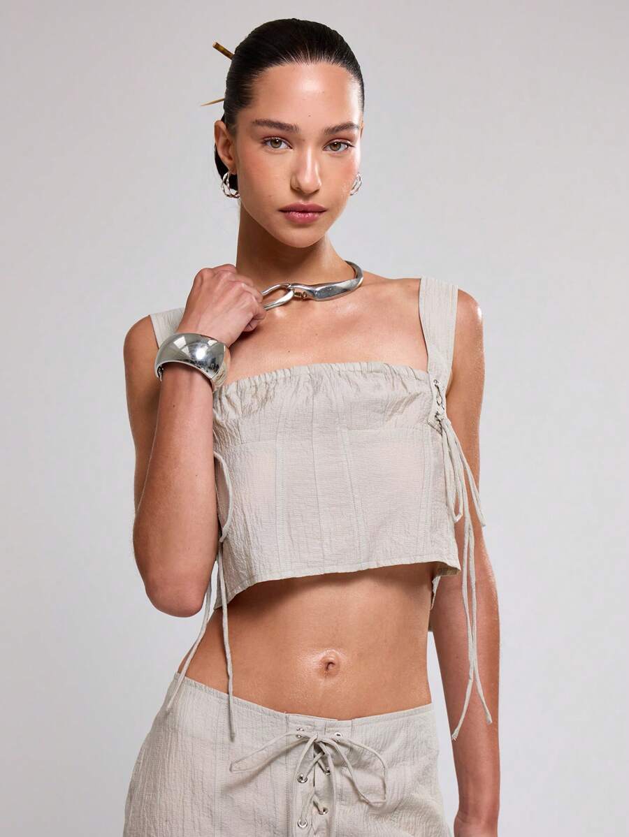 MUSERA Square Neck Lace Up Corset Top Going Out Tops - Light Grey - View 1