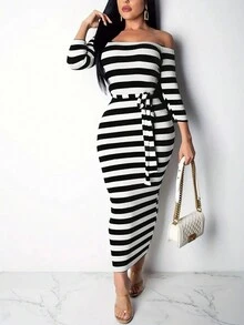 Striped Off Shoulder Belted Bodycon Dress - Multicolor - View 1