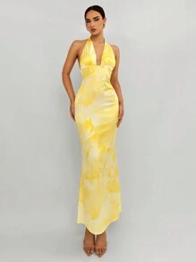 Aloruh 女士假期派對印染花紋深V領領口連領禮服裙，側襟設計，修身款式，黃色