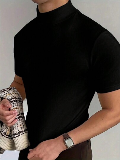 Manfinity Dauomo Camiseta de manga corta con cuello alto de unicolor para hombres, para el otoño