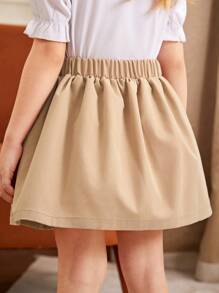 SHEIN Elladie kids 女孩优雅休闲度假百搭褶皱卡其裙，适合春、夏、秋、冬，不对称腰带设计，褶皱下摆，纽扣装饰，适合外出、上学、派对、聚会 - 卡其色 - 查看 2