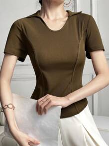 Mulvari T-shirt en maille côtelée unicolore pour l'été - Tabac - Voir 4