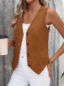 EMERY ROSE Chaleco de pana con botones delanteros en color marrón sólido para otoño/invierno - Café integral - Ver 6