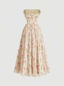 SHEIN MOD 浅卡其色郁金香花卉印花夏季假日褶皱长裙、早午餐、生日、正式/晚礼服 - 粉色 - 查看 2