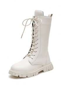 冬天靴子,新風格中至大孩子們高筒靴帶厚,側拉鍊馬丁靴適用於兒童,及膝靴子適合女孩 - 米色 - 查看 2