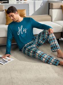 Men's Casual Plaid Print Top & Pants Homewear Two-Piece Set, Fall Winter Clothes
