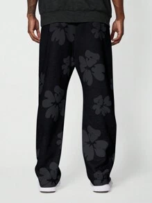 SUMWON Oversized Fleece Athletic Sweatpants With Floral Shadow Print Pattern Jogger Style Drawstring Loungewear Athleisure Bottom Winter Fall Casual Comfort - Black - View 4
