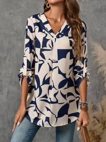 EMERY ROSE Camisa de manga larga para mujer con estampado de patrón geométrico de otoño - Multicolor - Ver 1