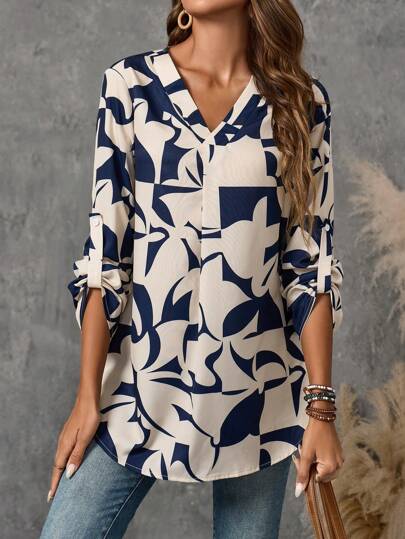 EMERY ROSE 女士長袖襯衫，印有秋季幾何圖案