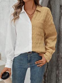 SHEIN LUNE Color Block Front Pocket Drop Shoulder Sleeve Shirt - Multicolor - View 1