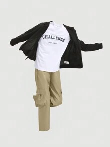 3pcs Set Teen Boys Casual Solid Hoodie, Letter Print T-Shirt, And Solid Color Cargo Pants - Multicolor - View 1