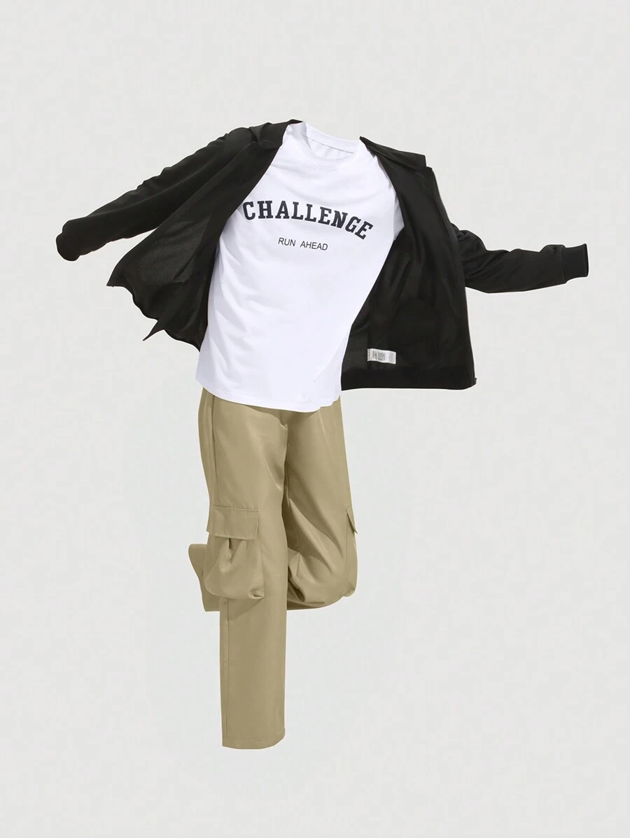 3pcs Set Teen Boys Casual Solid Hoodie, Letter Print T-Shirt, And Solid Color Cargo Pants - Multicolor - View 1