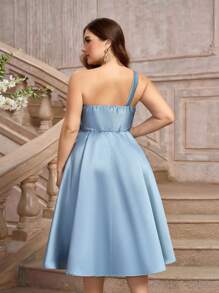 SHEIN Belle Elegant And Graceful Plus Size Women's Dress, Misty Blue Satin Dress With Asymmetric Gold Thread Appliques, High Waist With Pleats Detail, Umbrella Dress Skirt Perfect For Afternoon Tea, Cocktail Party, Dance Or Any Formal Events Prom Semi Formal Wedding Guest Dress, For Birthday, Graduation, Homecoming - Blue - View 6