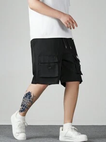 Men's Letter Printed Drawstring Waist Casual Cargo Shorts - Black - View 4