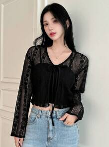 Dazy Designer 女款露肩長袖透視上衣，前綁帶和短版設計 - 黑色 - 查看 3