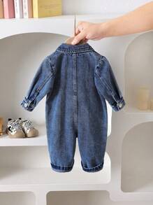 SHEIN Playful Pals Baby Boy Cartoon Embroidery Ripped Shirt Jumpsuit - Blue - View 2