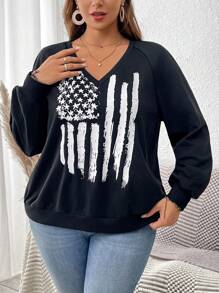 SHEIN LUNE Plus Size Loose Fit American Flag Printed V-Neck Long Sleeve Sweatshirt - Multicolor - View 4