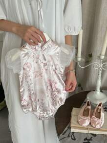 女婴夏季薄款连体衣，非常适合百日庆典和一个月派对 - 粉色 - 查看 1