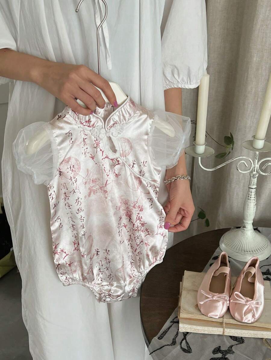 女婴夏季薄款连体衣，非常适合百日庆典和一个月派对 - 粉色 - 查看 1