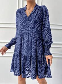 EURMUSE Zebra Striped Notched Neck Ruffle Hem Dress - Blue - View 4