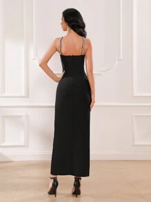 Fashionable And Sexy Sparkling Crossed Diamond Inlaid Side-Slit Long Dress For Party Or Evening Banquets - Black - View 2