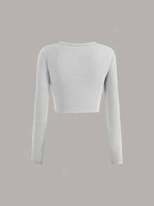 SHEIN EZwear 3pcs Basic Casual Round Neck Fleece Brushed Long Sleeve T-Shirt Crop Tops Set For Fall/Winter