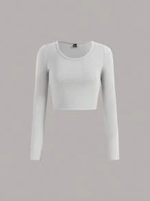 SHEIN EZwear 3pcs Basic Casual Round Neck Fleece Brushed Long Sleeve T-Shirt Crop Tops Set For Fall/Winter