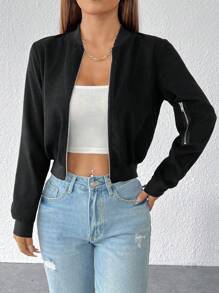 SHEIN PETITE Solid Color Street Style Sports Zipper Black Bomber Jacket - Black - View 3