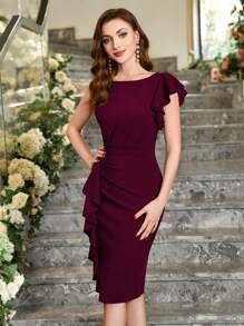 MIUSOL Einfarbiges Cocktailkleid mit asymmetrischen Rüschenärmeln, elegantes halbbadiges Sommerkleid für Frauen - Bordeaux - Übersicht 5