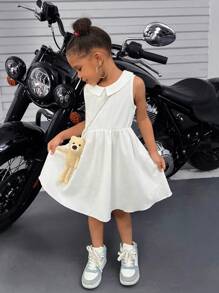 SHEIN Girls Spring And Autumn Two-Piece Casual Simple Knitted Jacquard Moon Bay Fabric Solid Color Long Sleeve V-Neck Top T-Shirt + Woven White Lapel Collar Tank Dress  Elegant Princess Dress A-Swing Skirt