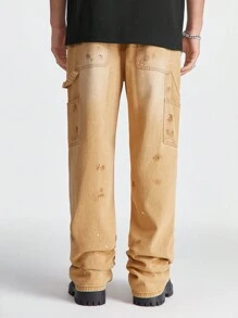 Manfinity Hypemode Men's Loose Straight Cut Khaki Baggy Jeans With Street Paint Pattern - Khaki - View 2