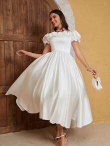 Off Shoulder Ruffle Trim Wedding Dress - White - View 4