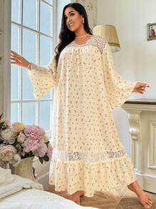 CottageSlumber 中长加大码睡衣裙，采用亲肤面料制成，宫廷风格，长裙舒适优雅，适合秋季 - 杏色 - 查看 3