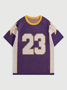 ROMWE MEN Prep Men's Round Neck Knit Football Number Pullover - Purple - View 1