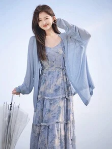 RUIWY 宽松 V 领轻质女式开衫，设计简约百搭，长袖 - 藍色 - 查看 6