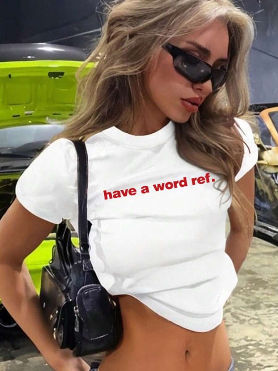 SHEIN EZwear Women's Summer Football European Championship 'Have A Word Ref' Printed Round Neck T-Shirt Have A Word Ref - White - View 1