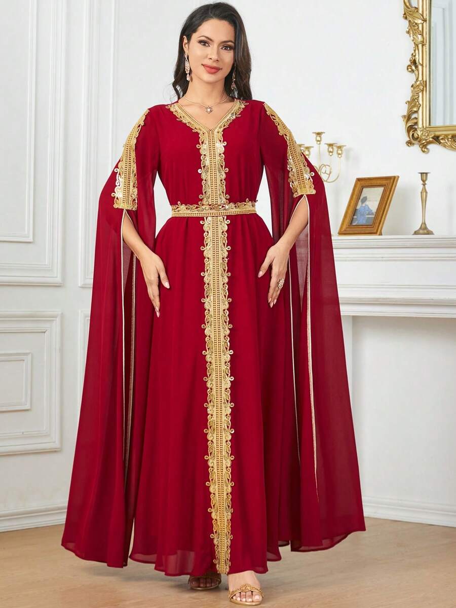 Long Sleeve V-Neck Tie-Beaded Lace Women's Arabian Kaftan Modest Dress - Red - View 1